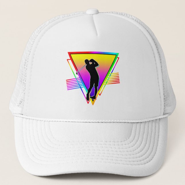 Retro Colourful Rainbow Golf Player Vintage Trucker Hat (Front)