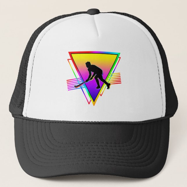 Retro Colourful Rainbow Hockey Player Trucker Hat (Front)