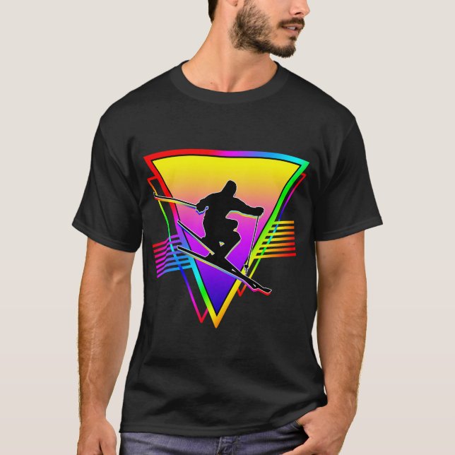 Retro Colourful Rainbow Skiing Ski T-Shirt (Front)