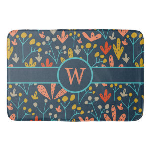 Retro Colourful Rustic Floral Leaf Pattern Monogra Bath Mat