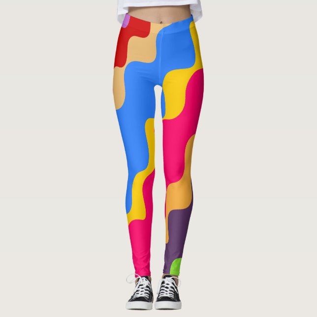 Retro colourful slanting wavy pattern  leggings (Front)