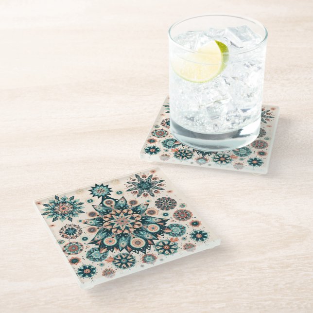 Retro Colourful Snowflake Winter Pattern Glass Coaster (Angled)