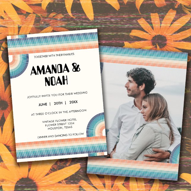 Retro Colourful Stripes 70'S Theme Photo Wedding Invitation (Creator Uploaded)