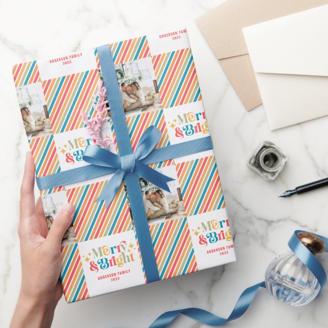 Retro Colourful Stripes Merry and Bright Photo Wrapping Paper (Gifting)