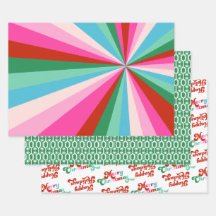 Retro Colourful Stripes, Patterns & Fonts Christma Wrapping Paper Sheet