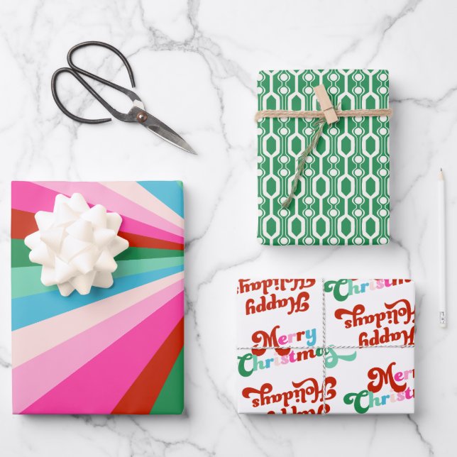 Retro Colourful Stripes, Patterns & Fonts Christma Wrapping Paper Sheet (Front)