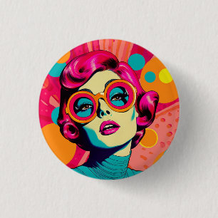 Retro colourful style badge, pin, button, woman 3 cm round badge