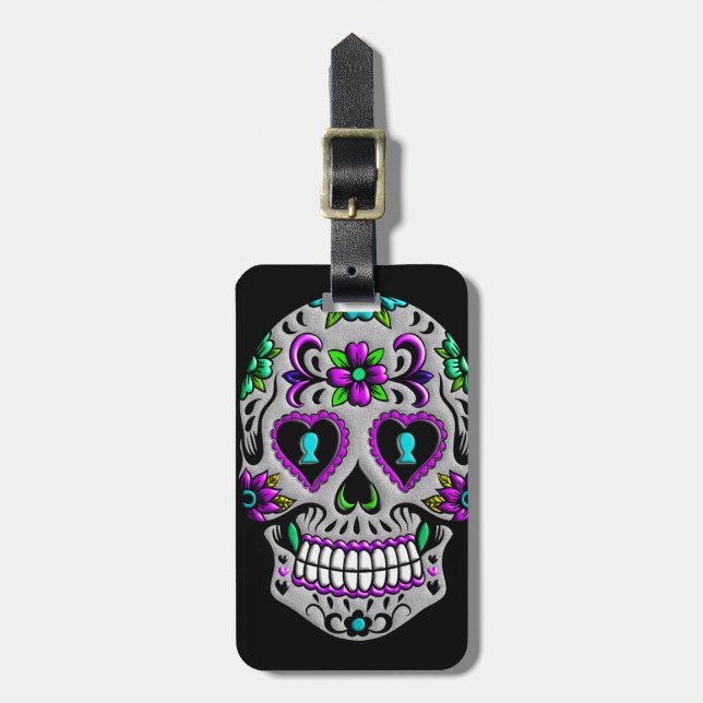 Retro Colourful Sugar Skull Luggage Tag (Front Vertical)