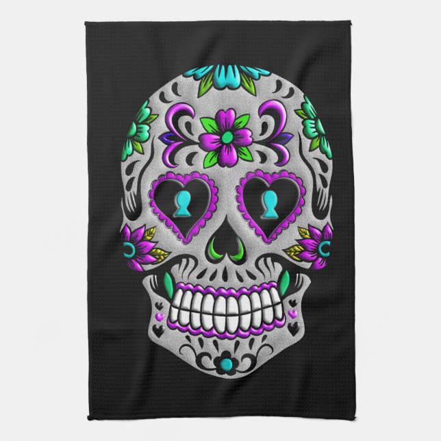 Retro Colourful Sugar Skull Tea Towel (Vertical)