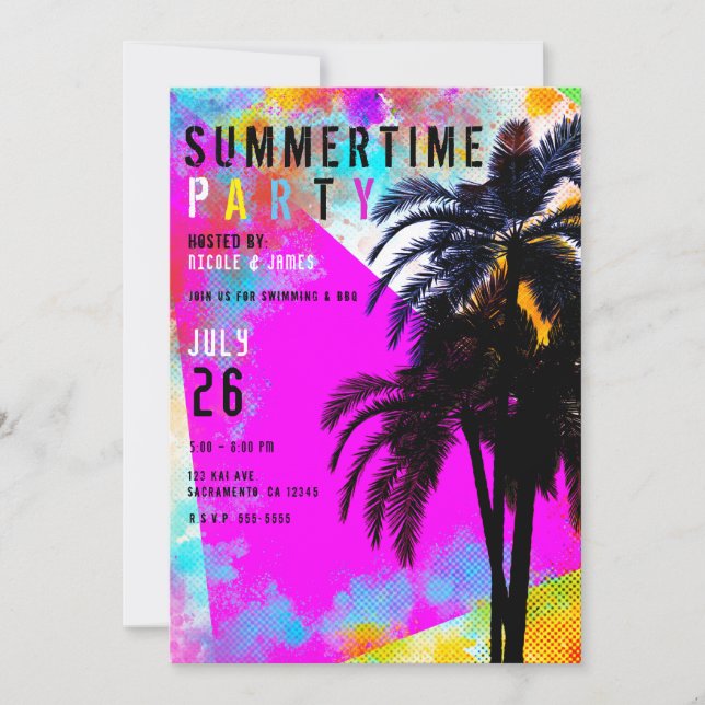 Retro Colourful Summertime Beach Party Palm Trees Invitation (Front)