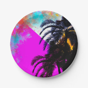 Retro Colourful Summertime Beach Party Palm Trees Paper Plate
