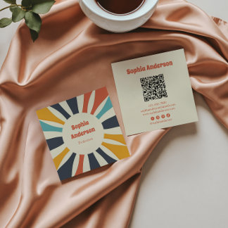 Retro Colourful Sunburst with QR Code - Elegant Square Business Card