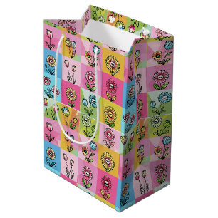 Retro Colourful trendy Flowers pattern Birthday pa Medium Gift Bag