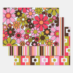 Retro Colourful Trendy Mixed Patterns with Pink Wrapping Paper Sheet