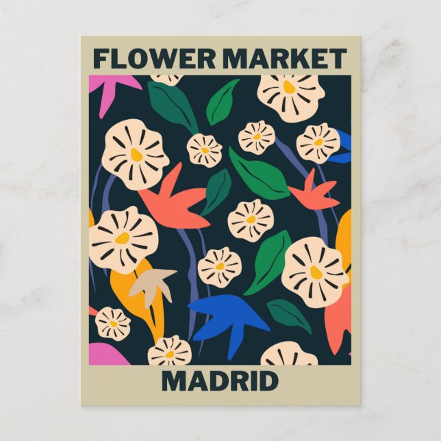 Retro Colourful Tropical Flower Market Madrid Postcard (Front)
