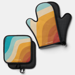 Retro Colourful Vintage Rainbow Waves Personalised Oven Mitt & Pot Holder Set