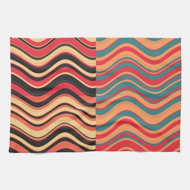 Retro Colourful Waves Abstract Art Tea Towel (Horizontal)
