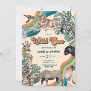 Retro Colourful Wild One Safari Birthday Invitation