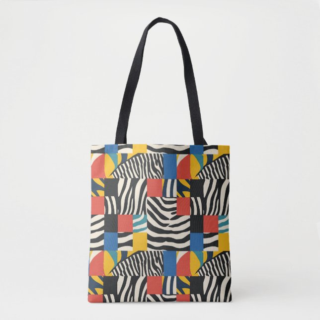 Retro Colourful Zebra Block Patterned Fabric Tote Bag (Front)