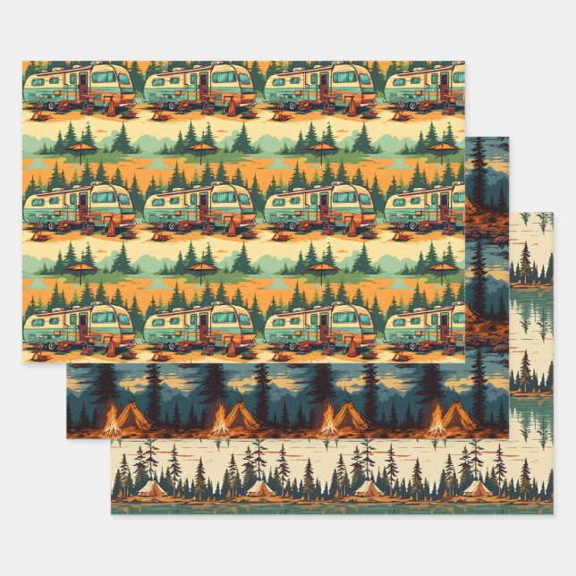 Retro Colours Camping Themed  Wrapping Paper Sheet (Set)