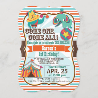 Retro Colours Circus Animals Birthday Party Invitation