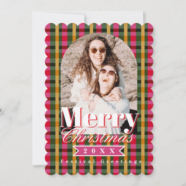 Retro Colours Plaid Christmas Photo  Holiday Card (Front)