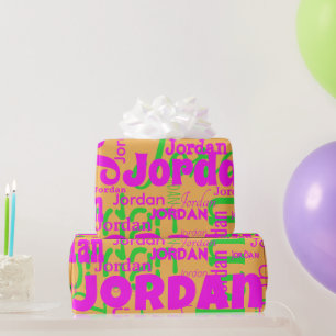 Retro Colours Repeating Name Orange Hot Pink Green Wrapping Paper