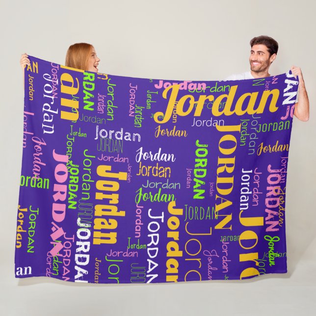  Retro Colours Repeating Name Purple Yellow Green Fleece Blanket (In Situ)