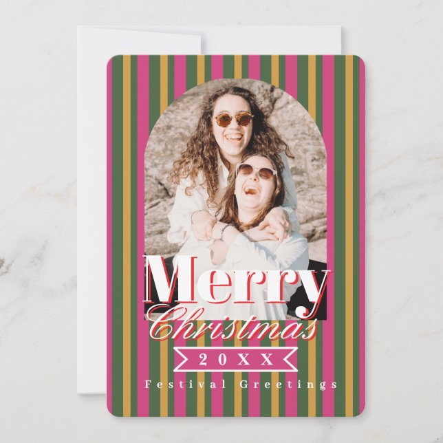Retro Colours Stripes Christmas Photo  Holiday Card (Front)