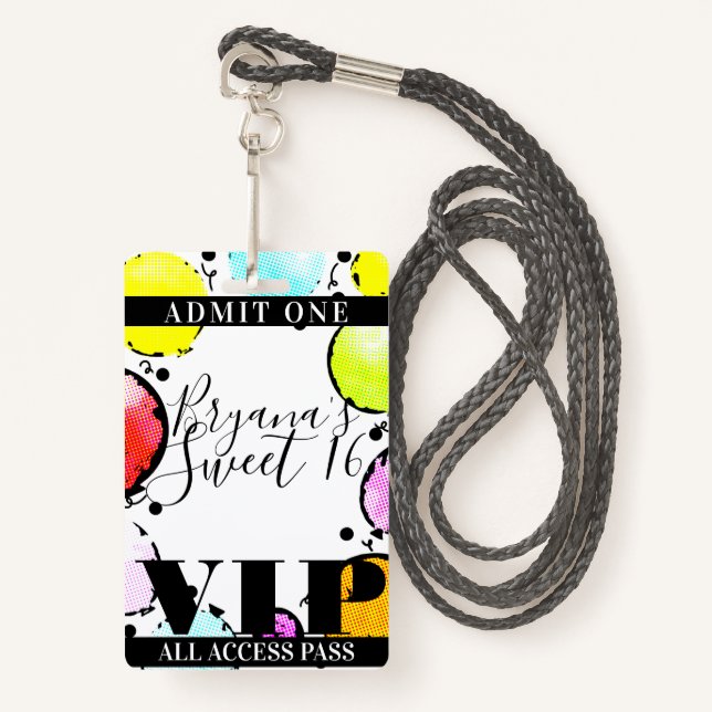 Retro Comic Balloons Sweet 16 Party VIP Pass ID Badge (Front with Lanyard)