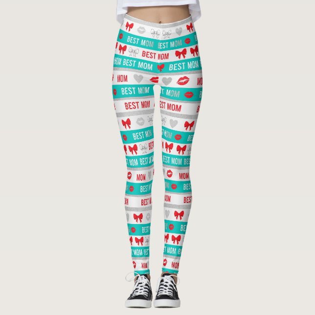 Retro Comic Best Mum Hearts Lips Bow Leggings (Front)