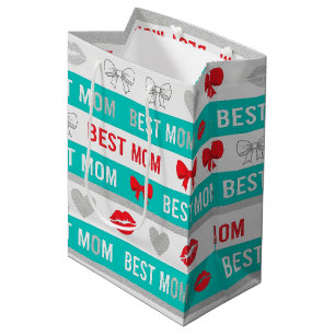 Retro Comic Best Mum Hearts Lips Bow Medium Gift Bag