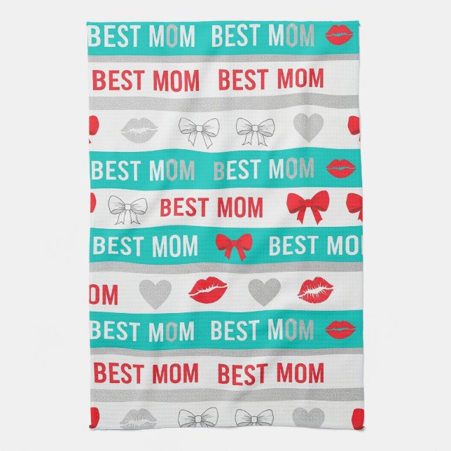 Retro Comic Best Mum Hearts Lips Bow Tea Towel (Vertical)