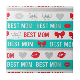 Retro Comic Best Mum Hearts Lips Bow Tile