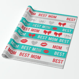 Retro Comic Best Mum Hearts Lips Bow Wrapping Paper