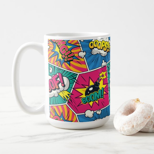 Retro Comic Book Pattern Boom Pop Art Coffee Mug (With Donut)