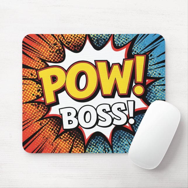 Retro Comic Book POW BOSS! Action Office Mouse Mat (With Mouse)