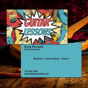 Retro Comic Design Guitar Lessons Business Card