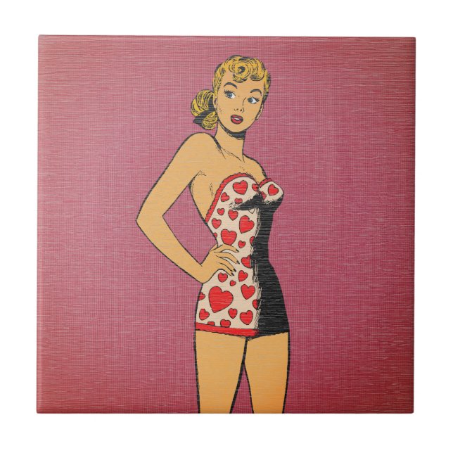 Retro Comic Heart Swimsuit Pinup Tile (Front)