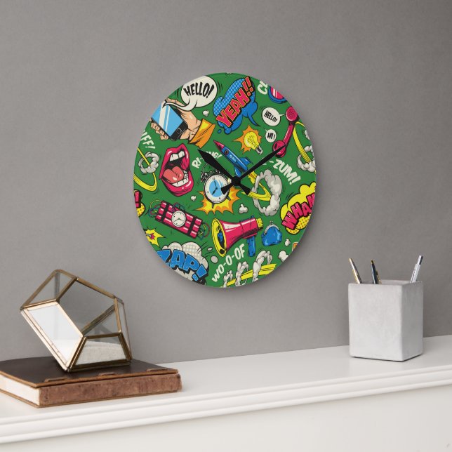 Retro Comic Pop Art Explosion Green Wall Clock (Office)