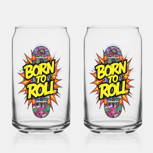 Retro Comic Style "Born to Roll" Skater Can Glass