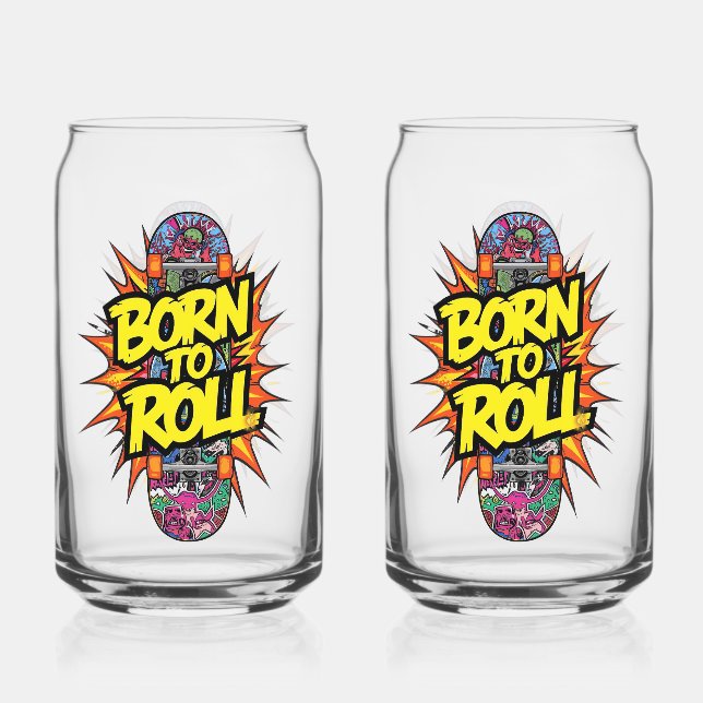 Retro Comic Style "Born to Roll" Skater Can Glass (Front)