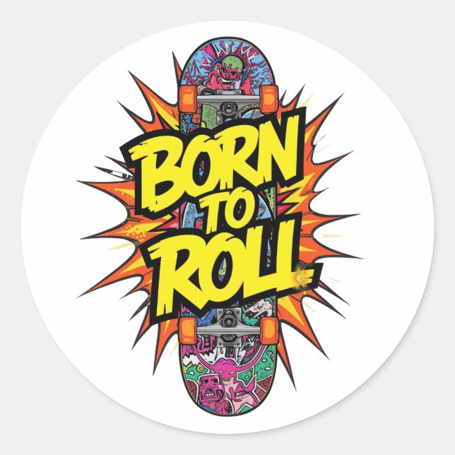 Retro Comic Style "Born to Roll" Skater Classic Round Sticker (Front)