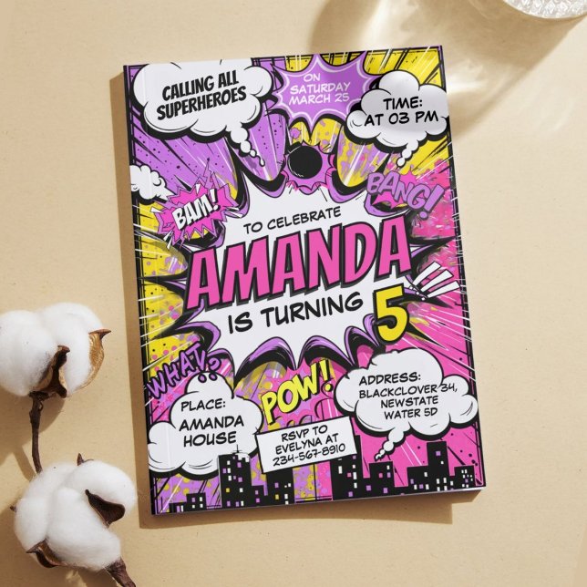 Retro Comic Superheroes Girl Birthday Party Invitation (Retro Comic Superheroes Girl Birthday Party Invitation)