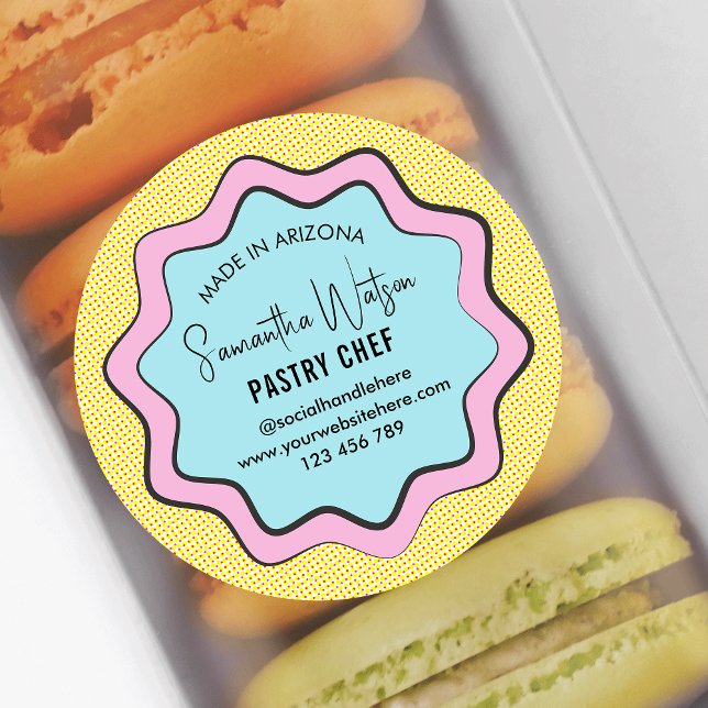Retro Comic Trendy Fun Colourful Cafe Bakery Chef Classic Round Sticker (Featuring comic book style design, pastel pink, blue and yellow colors)
