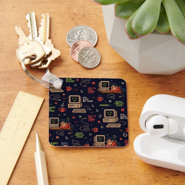 Retro Computer Pixel Art Tech Pattern Key Ring (Desk)