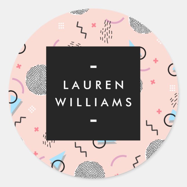 Retro Confetti Memphis Pattern Pink Personalised Classic Round Sticker (Front)