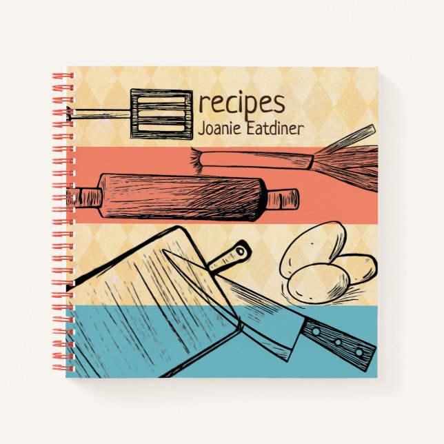Retro cooking utensil personalised recipe cookbook notebook (Front)