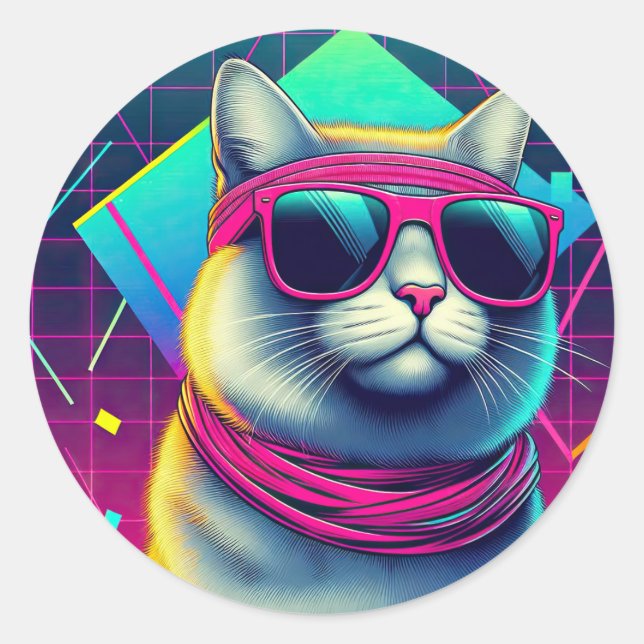 Retro Cool Cat Classic Round Sticker (Front)