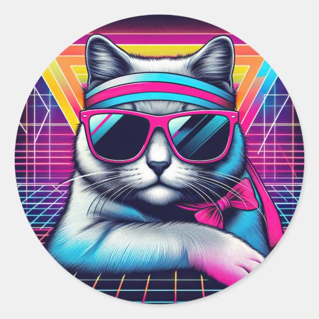 Retro Cool Cat Classic Round Sticker (Front)